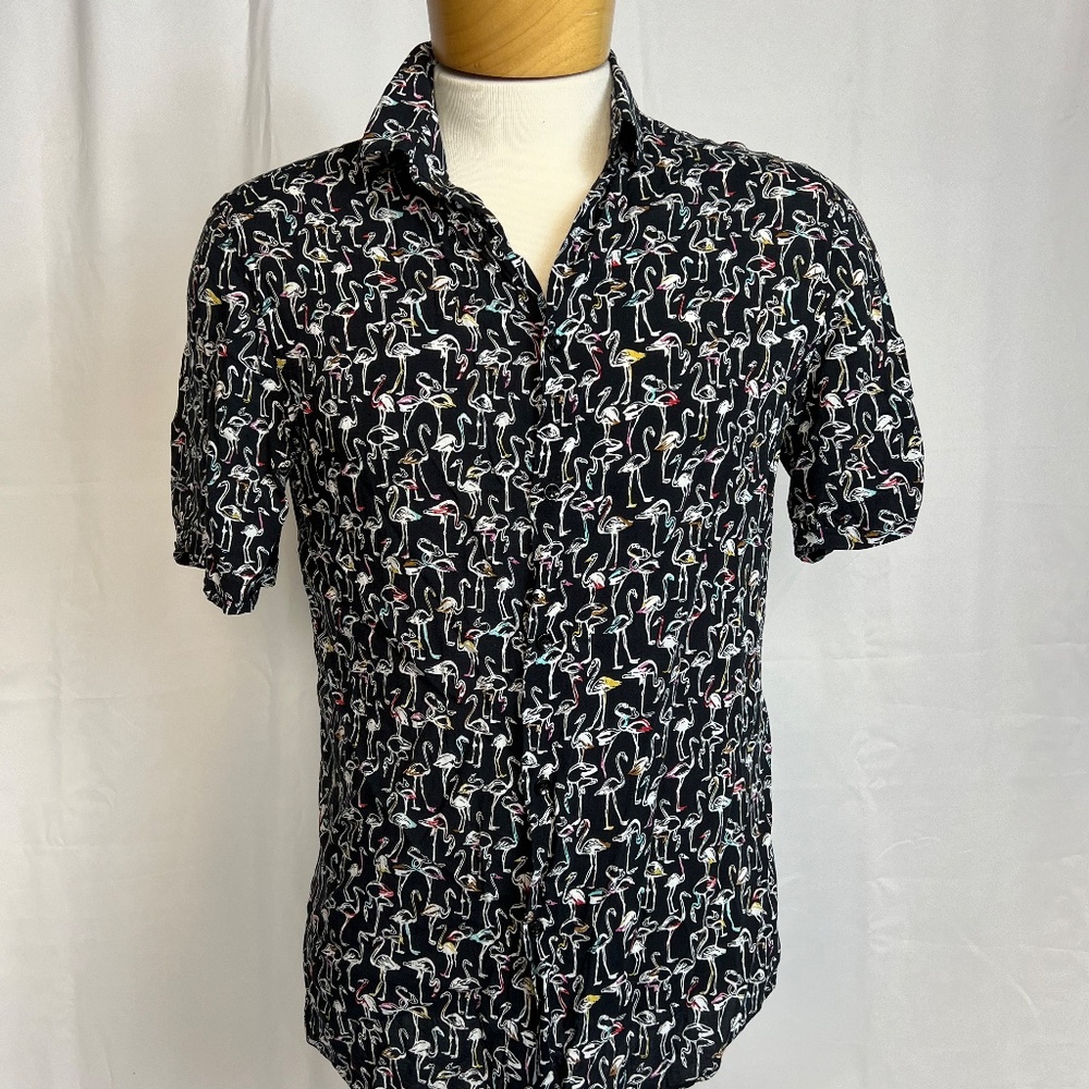 Zara Men's Black and White Flamingo Button Down Short Sleeve Shirt